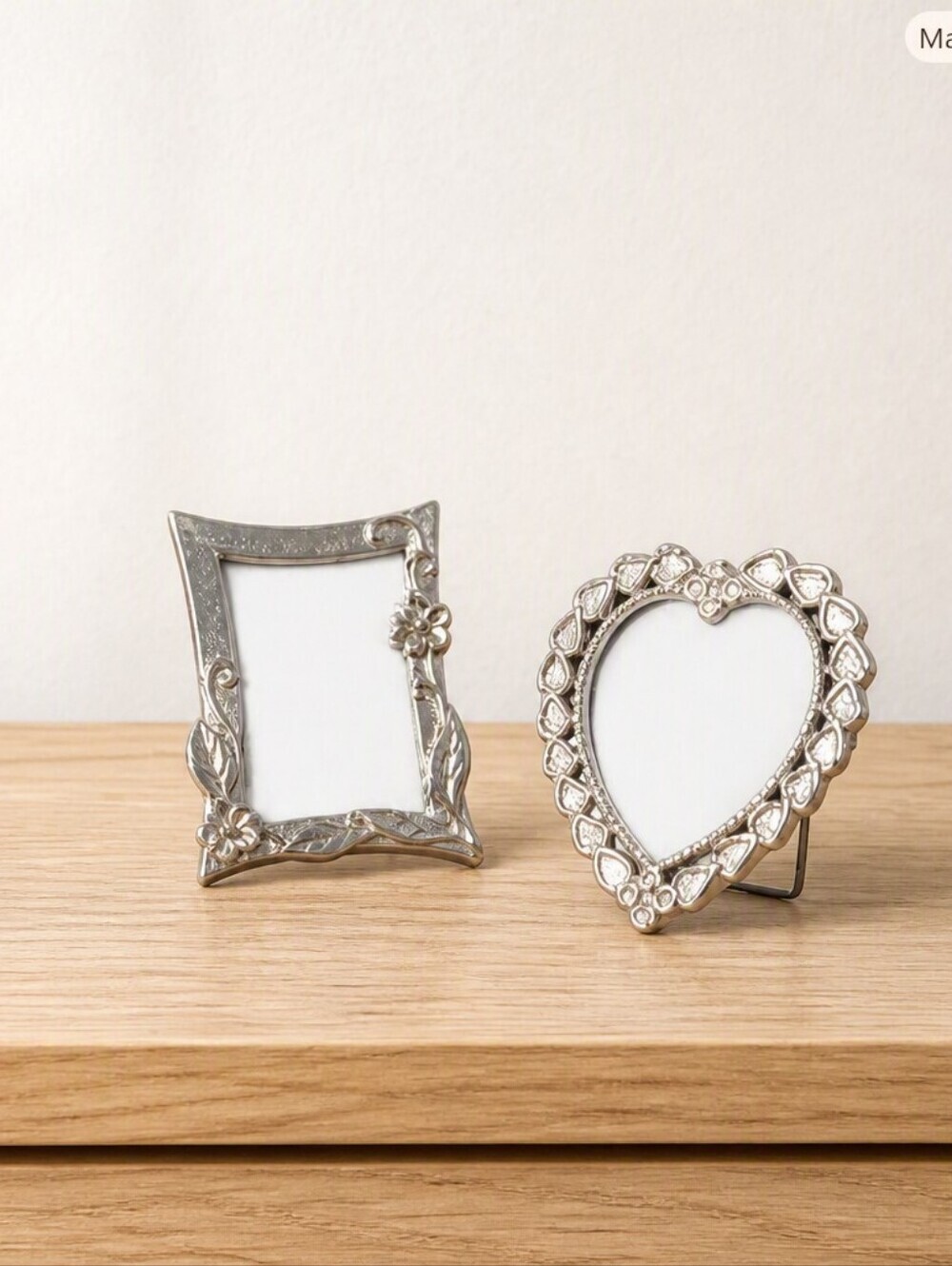Set of 2 Mini Silver‑Tone Frames – Heart & Rectangular – Vintage Cottagecore Dec